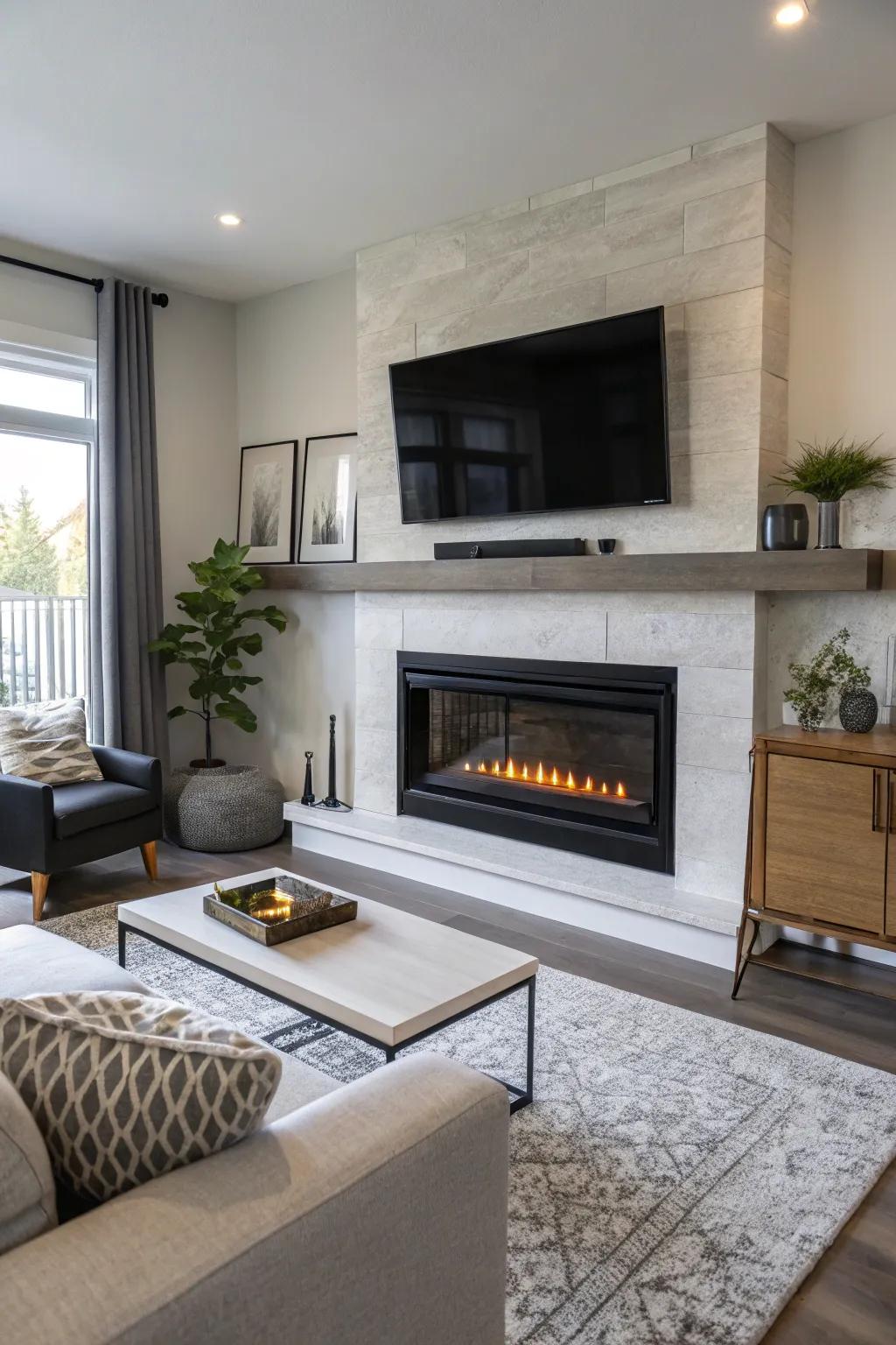 A TV and fireplace combination that provides both warmth and style.