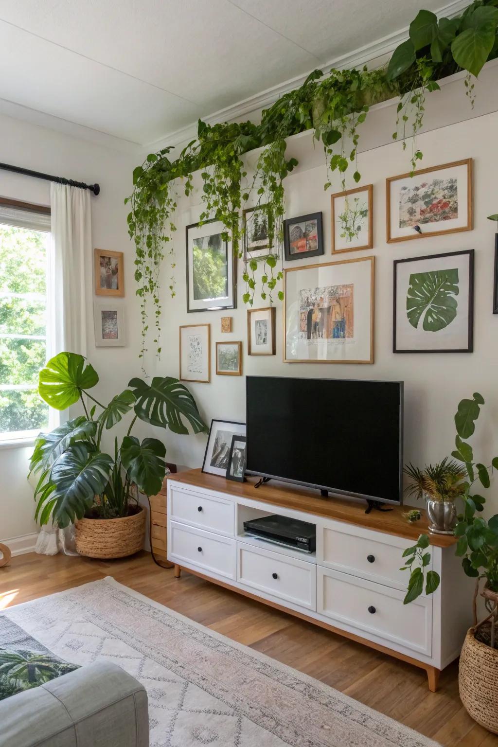 Verdant accents bring vitality to this remarkable TV gallery wall.