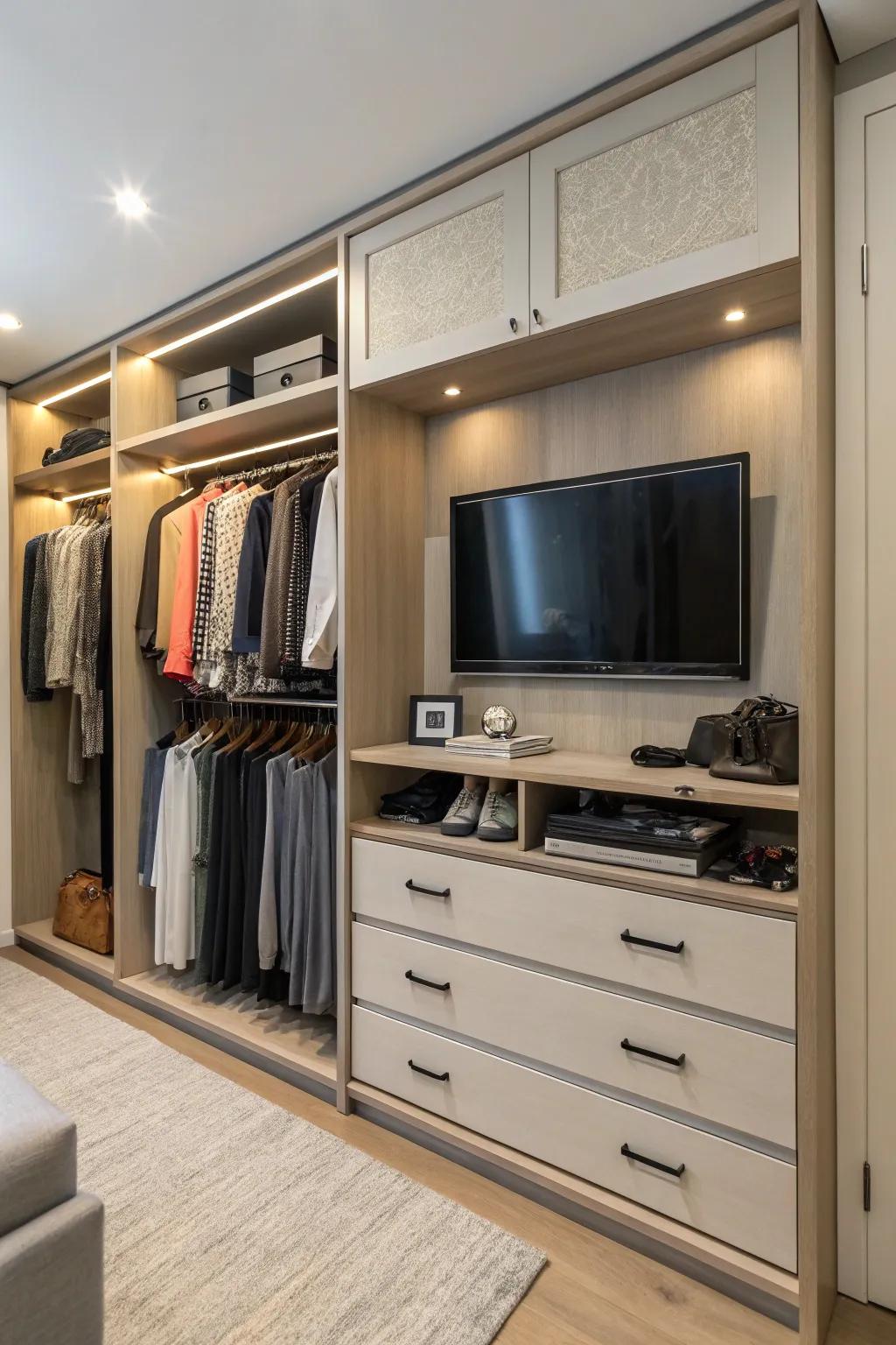 An intelligent blend of wardrobe storage alongside TV integration.