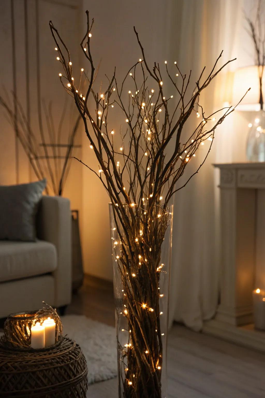Branches enshrouded in miniature electric lights for an enchanting twilight showcase.
