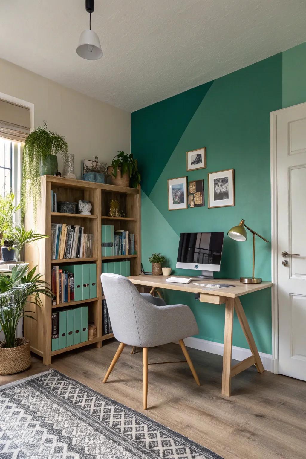 Dynamic office space featuring a vertical division of celadon and sapphire.
