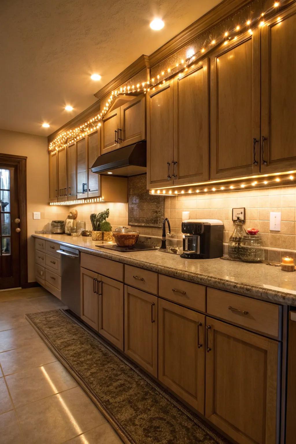 Luminous strands contribute warmth and invitation to kitchen settings.