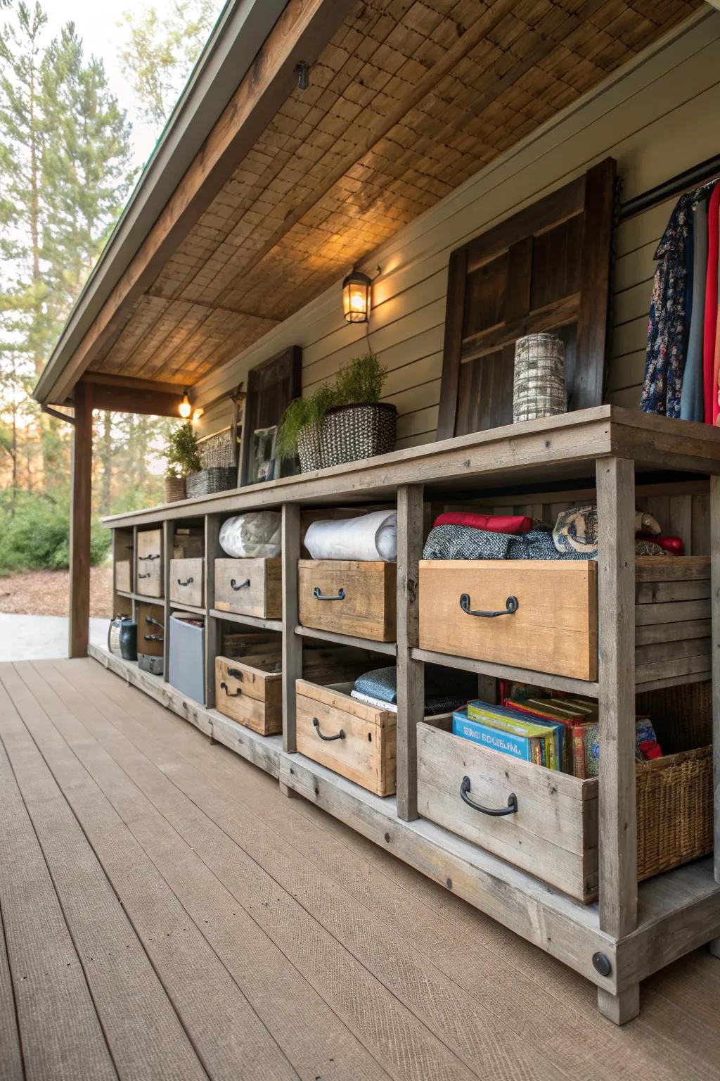 Custom glide-out cubbies lend charm and purpose to your under-deck storage setup.