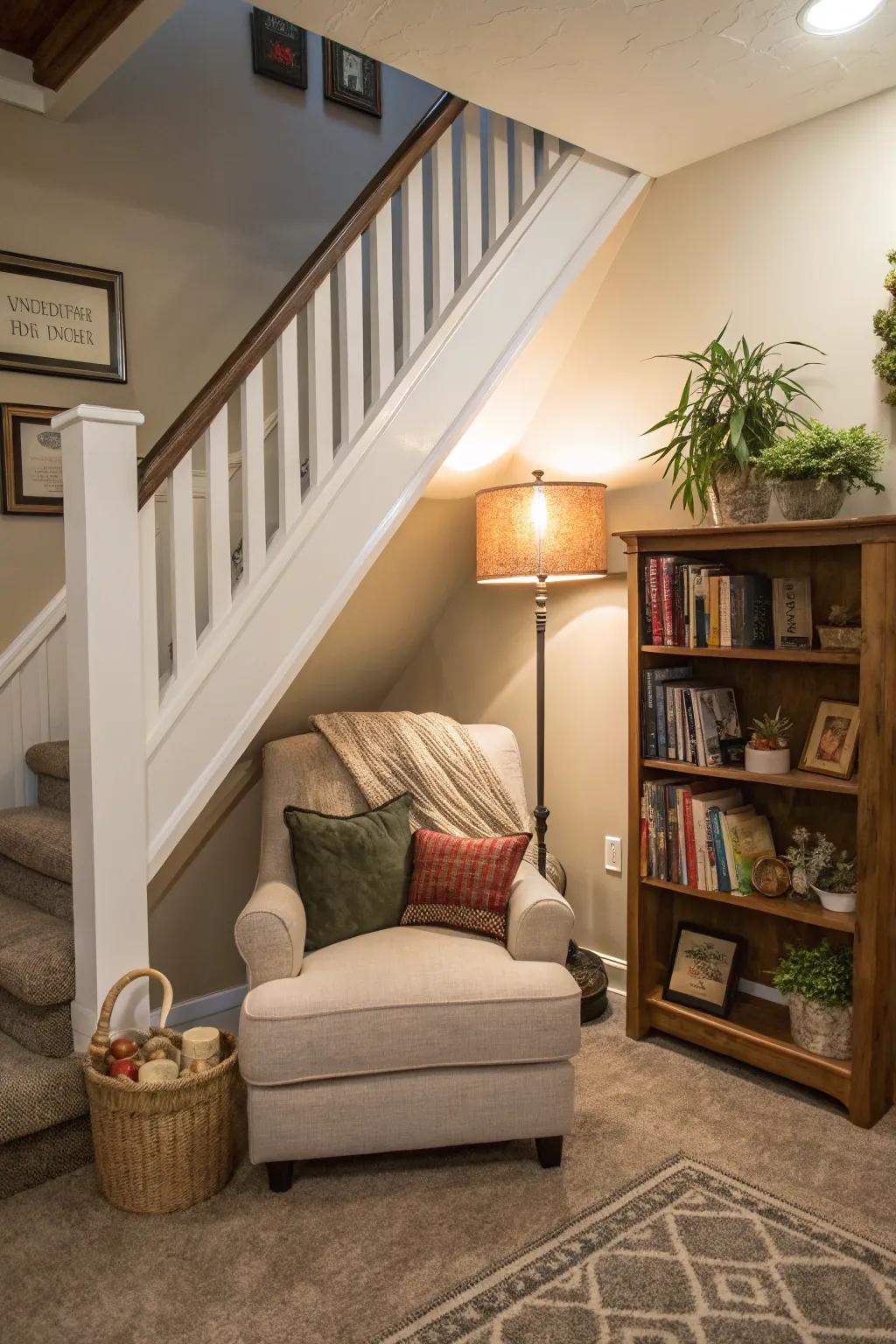 A reading nook nestled under the staircase offers a serene nook for relaxation.