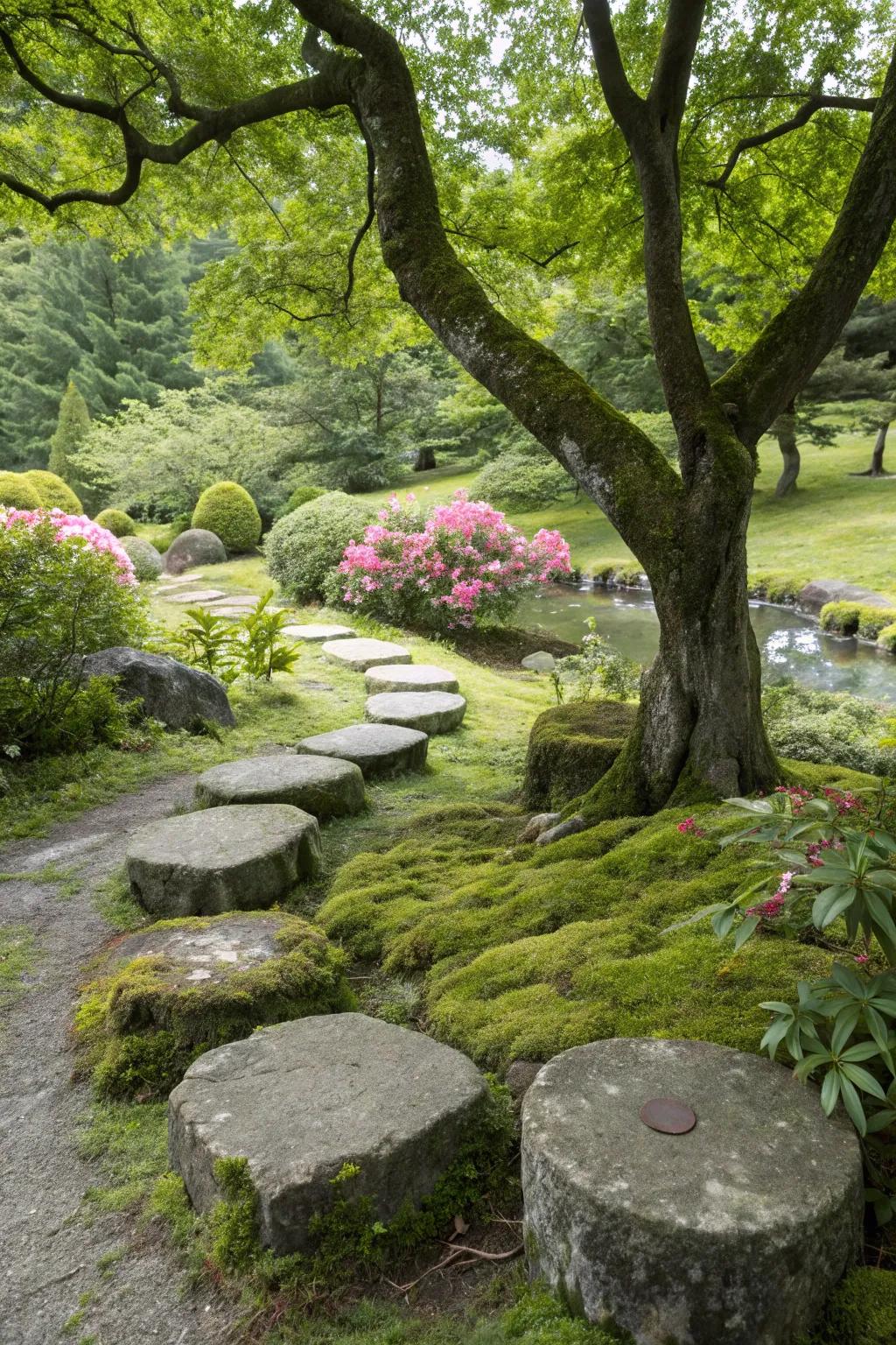 Stone seating integrates harmoniously with its natural milieu.