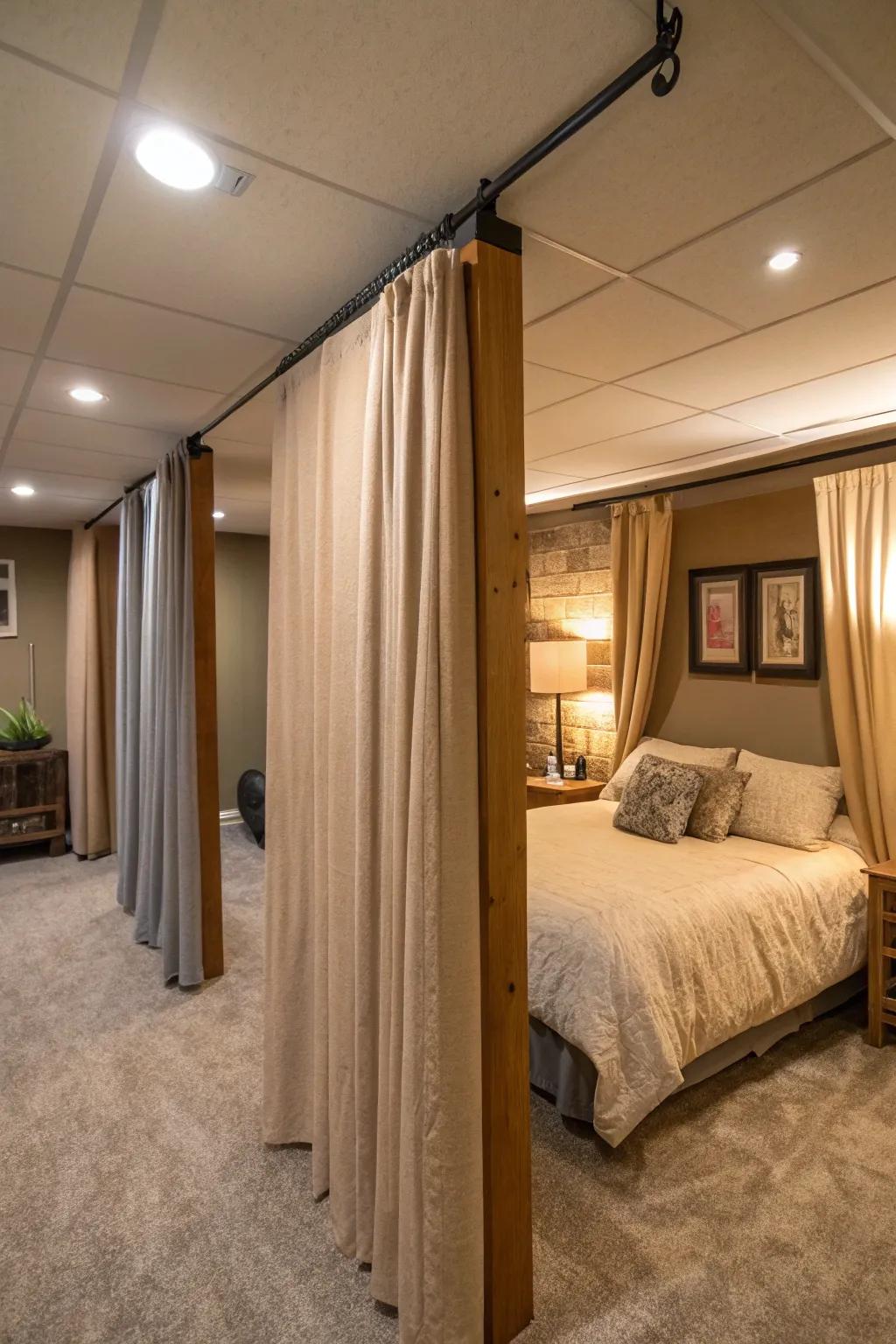 Drapes elegantly partition the area and augment privacy.