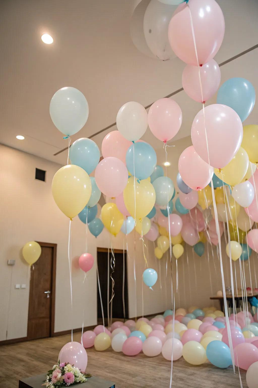 Pastel balloons setting a whimsical unicorn party scene.