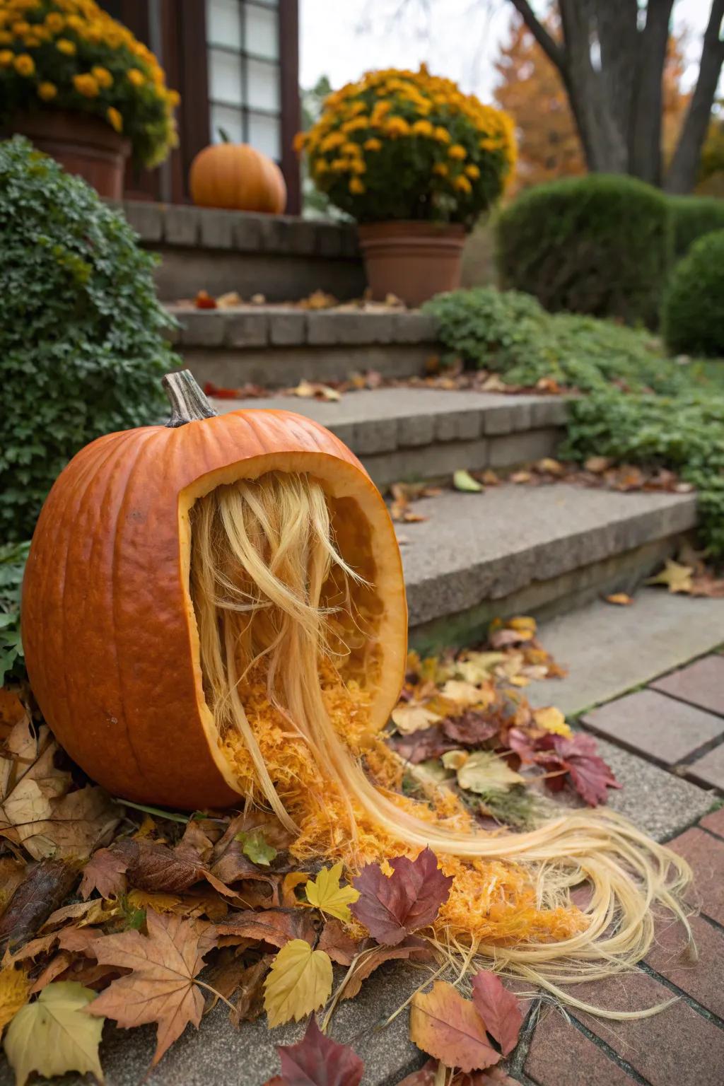 A pumpkin flaunting a wild hairdo fashioned from its own guts.