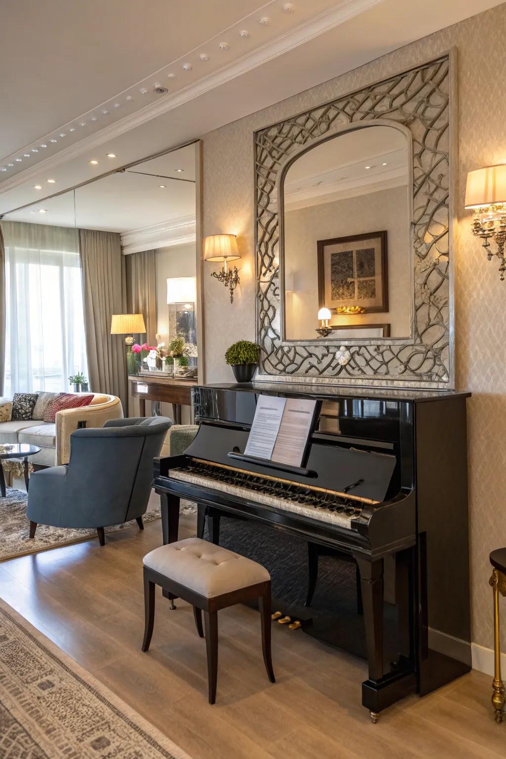 An elegant living space distinguished by an upright piano and a decorative mirror overhead.