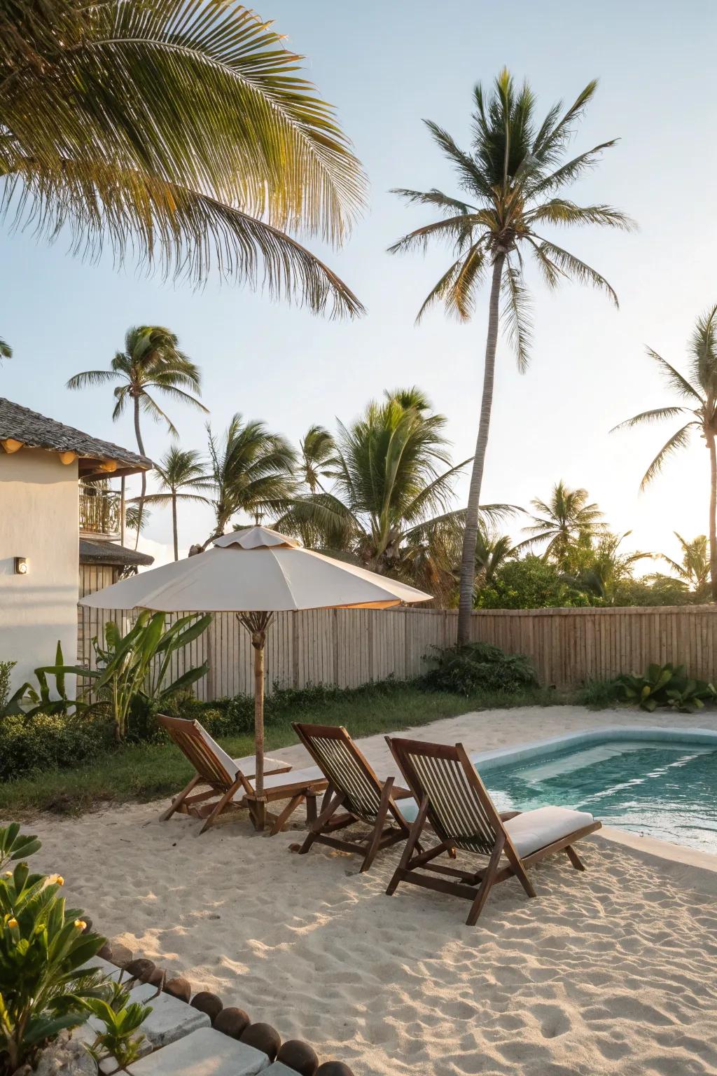 Design an at-home coastal getaway with a backyard beach setup.