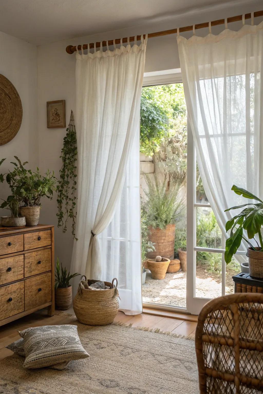 A window featuring a linen valance within a nature-themed living space.