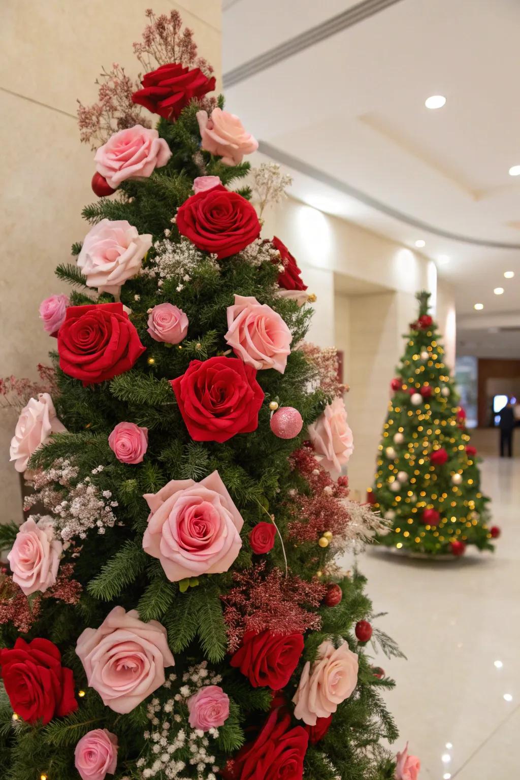 Botanical accents introduce a traditionally romantic element to your tree.