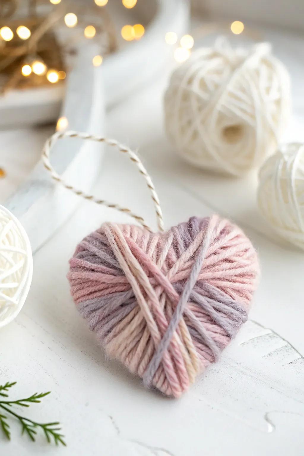 Cozy elegance: Adorn your space with handcrafted yarn-wrapped heart ornaments this Valentine's Day.