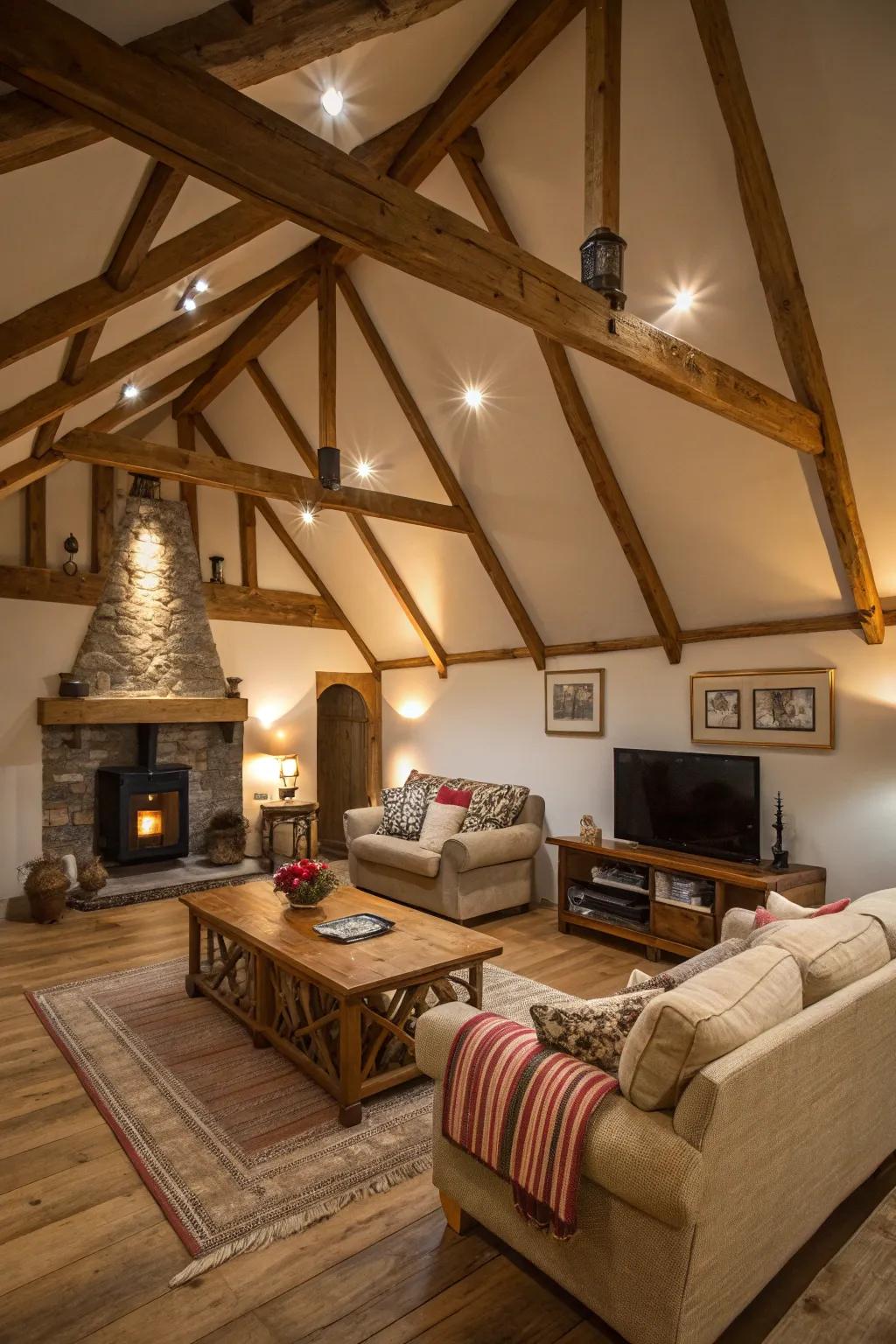 Exposed beams are enriched by deliberate lighting choices.