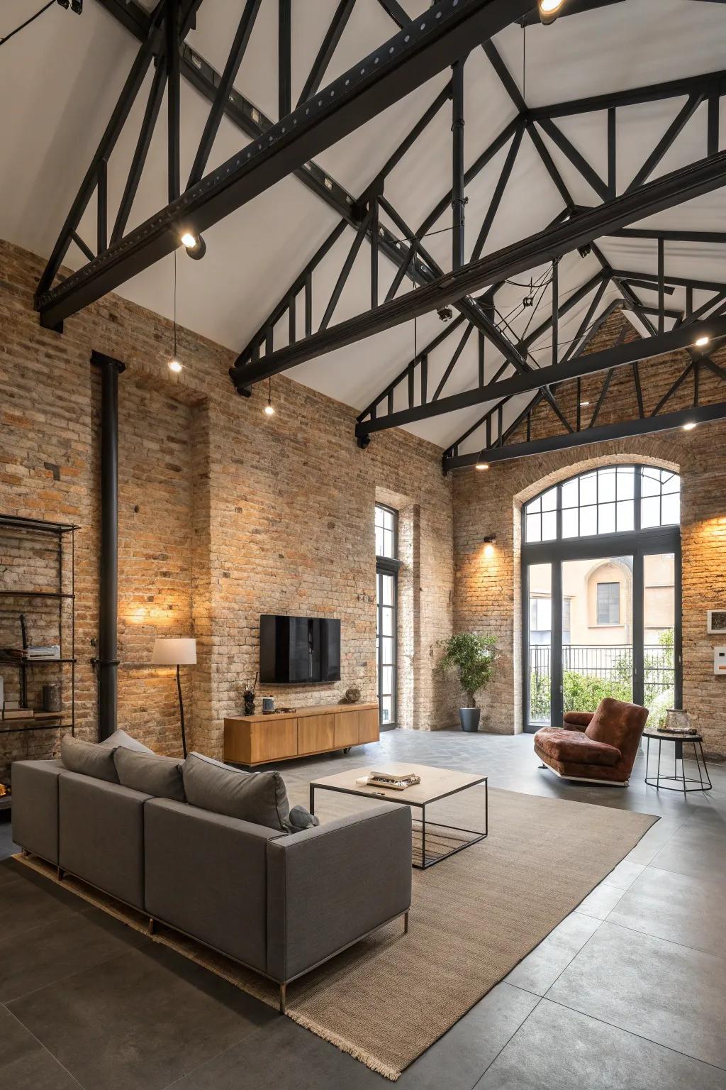 Industrial sophistication at its best, with metal support beams enhancing a vaulted ceiling, an ideal fit for urban lofts.
