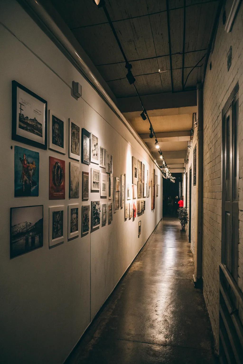 An elevated gallery display within a modest hallway domain