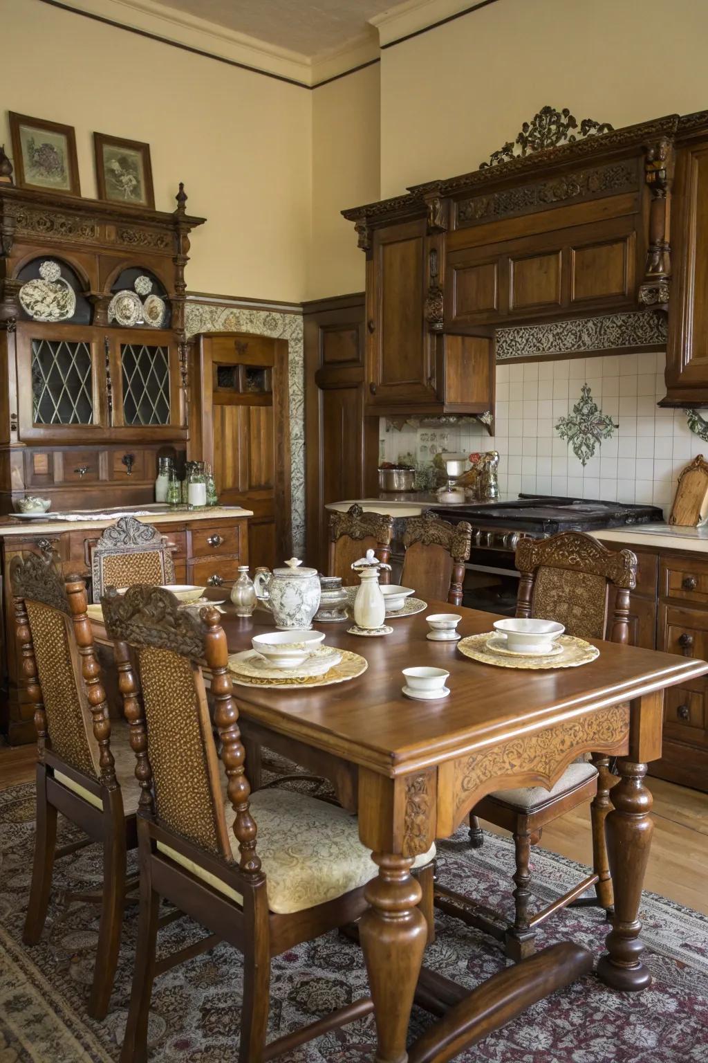 Vintage furnishings contribute opulence and practicality to a Victorian cooking area.