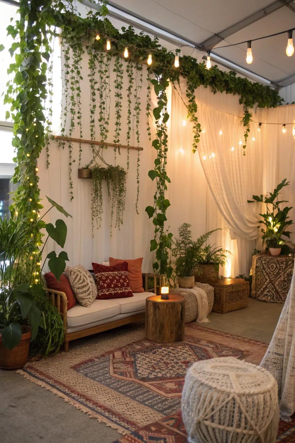 A bohemian wall adorned with flowing vines for a captivating display.