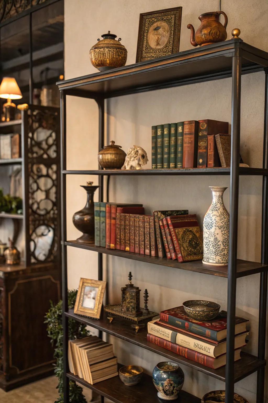 Antique-inspired shelving, adorned with a curated selection of vintage collectibles.