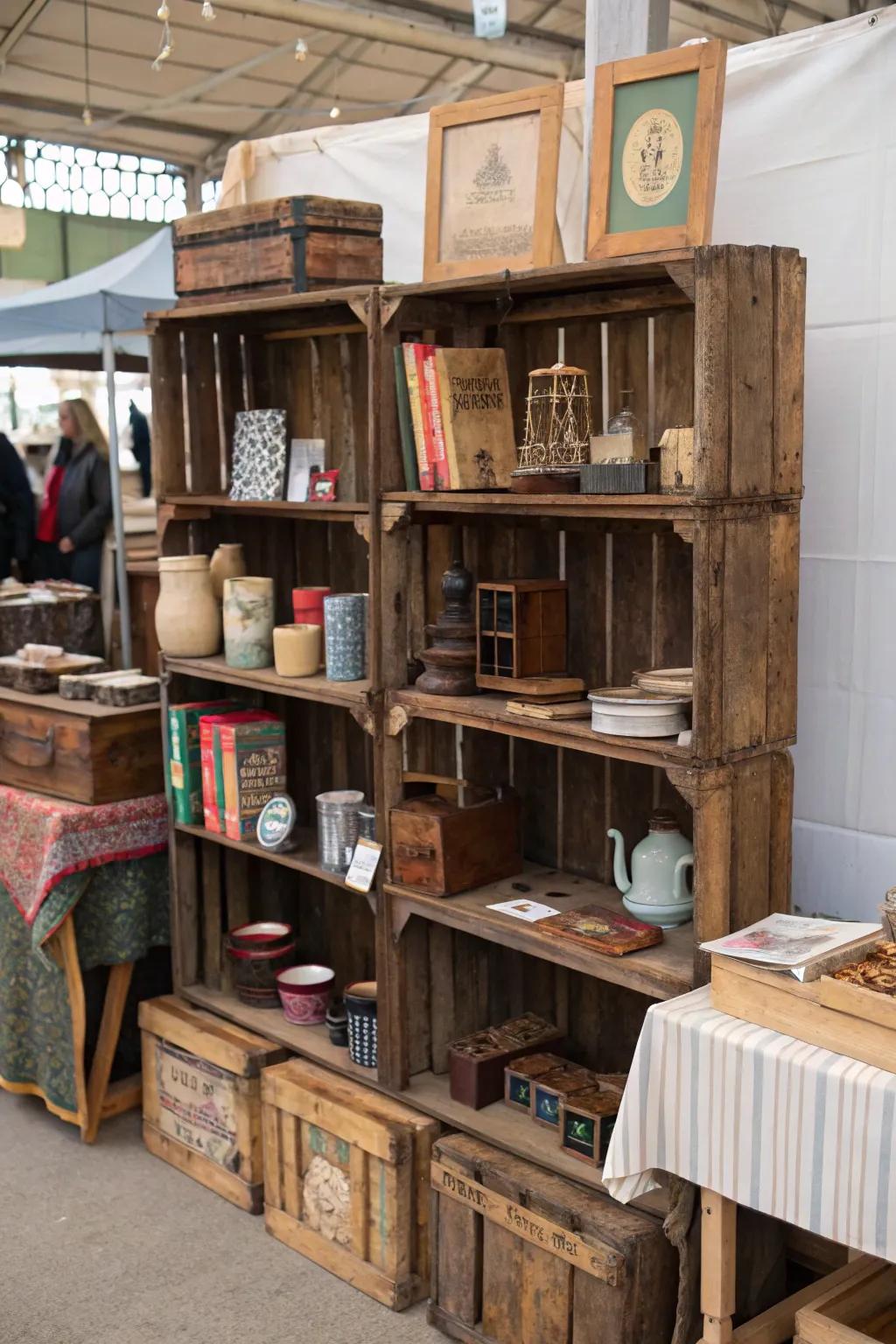 Multi-tiered shelving employing containers for an appealing presentation.