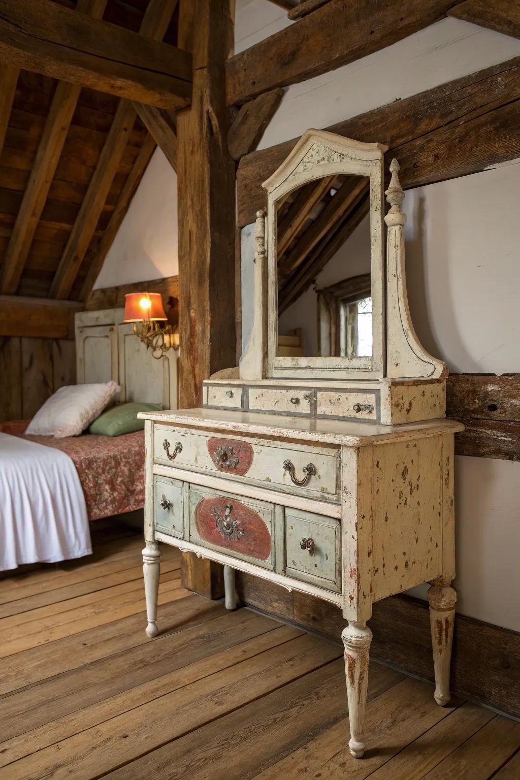 A mellowed surface treatment imparts an unaffected enchantment to your antique dressing table.