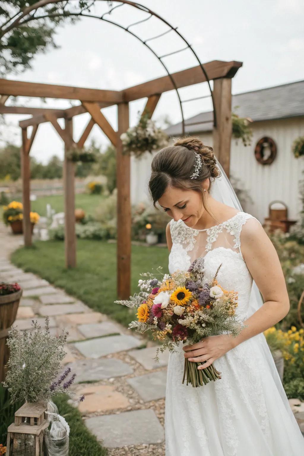 A bride radiates joy while holding a homespun bloom bundle at her vintage wedding.
