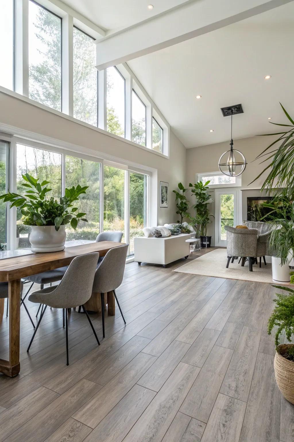 Achieve coherence utilizing continuous vinyl surfacing in expansive areas.