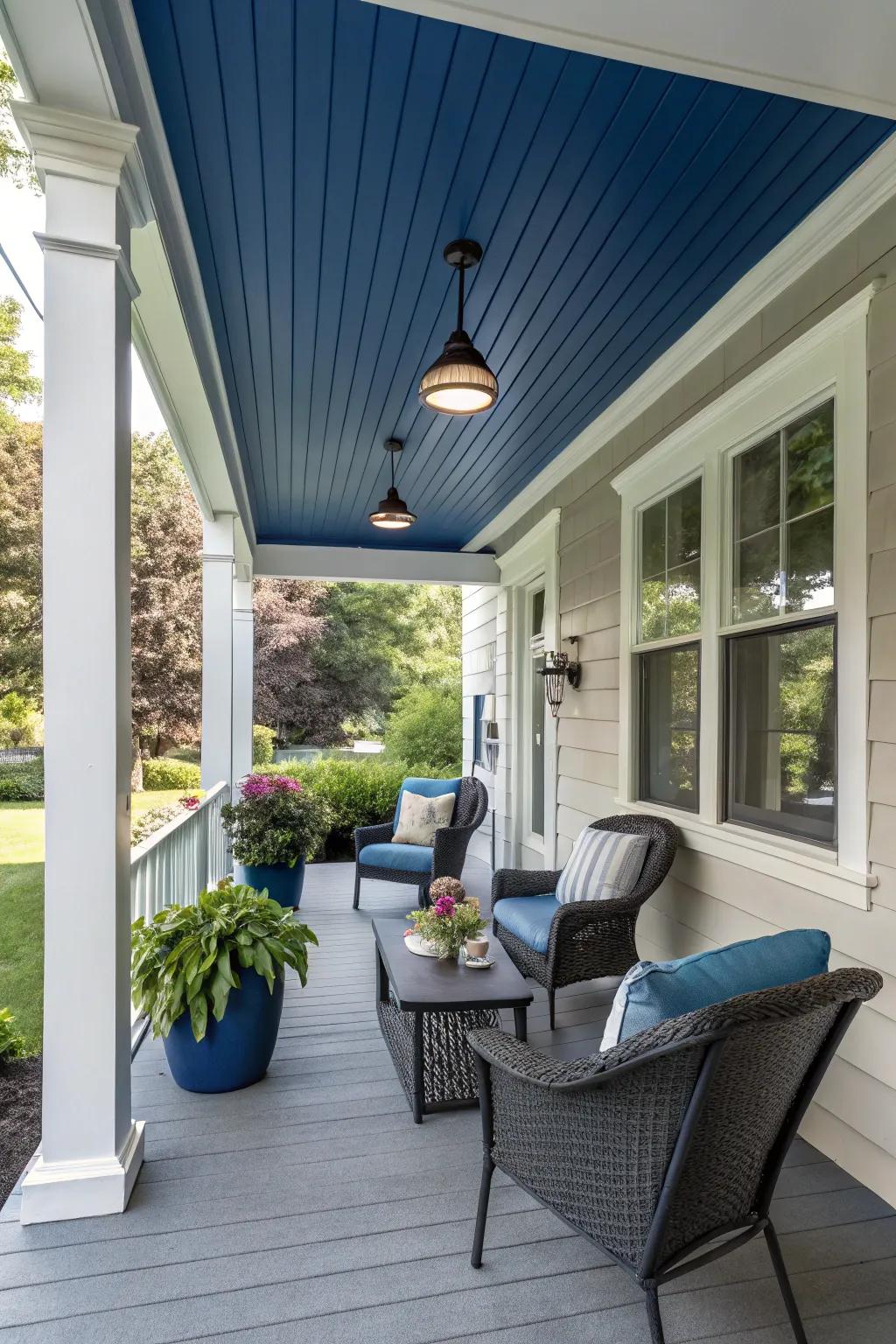 A vibrant vinyl ceiling can truly distinguish your porch.