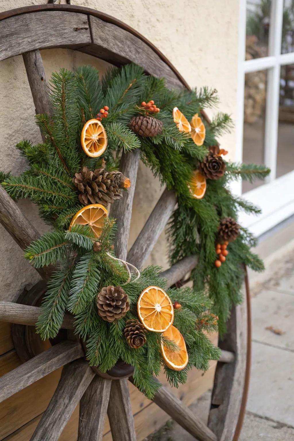 A carriage wheel embellished with evergreen and dehydrated citrus slices, composing a joyous holiday garland.