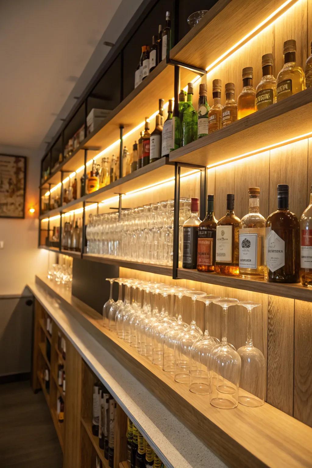 Beneath-ledge luminescence fashions a captivating and genial ambiance within your bar precinct.