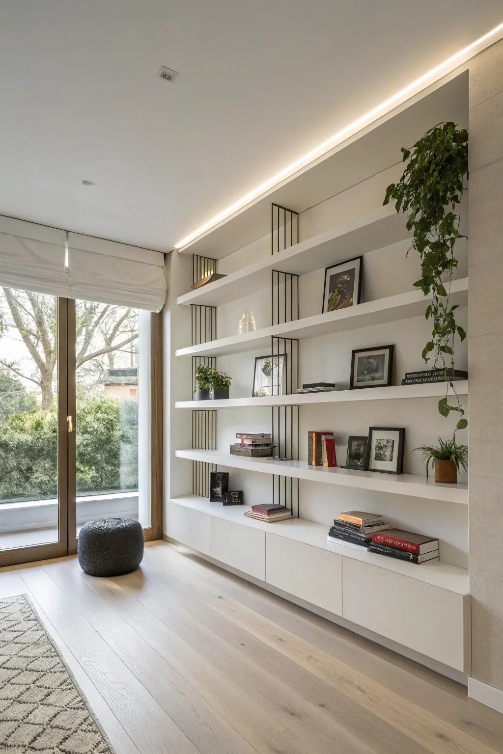 Suspended shelves afford a polished and spacious ambiance, optimally suited for contemporary décors.