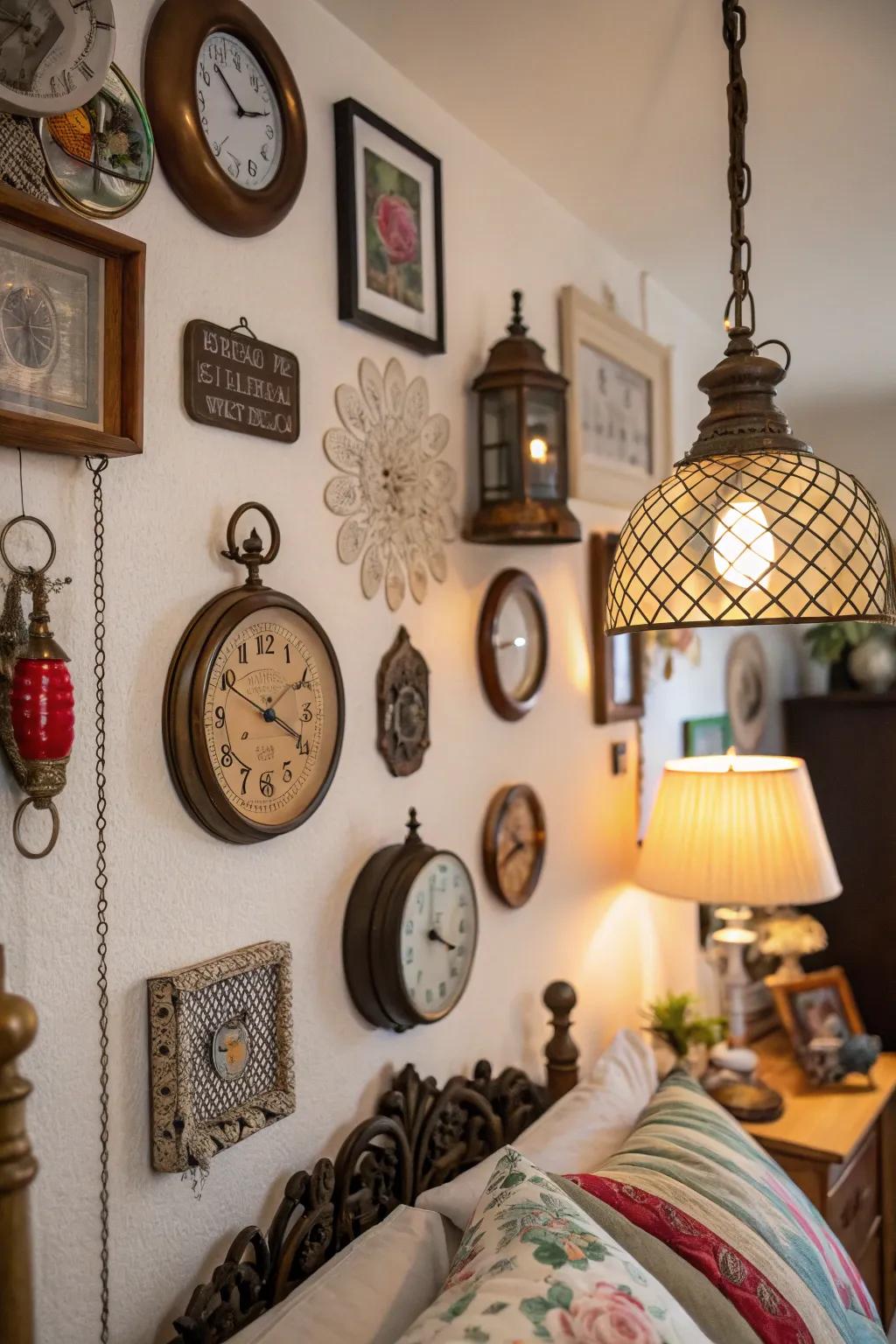 Varied accessories enrich the ambiance of this bedroom wall, enhancing allure and individuality.