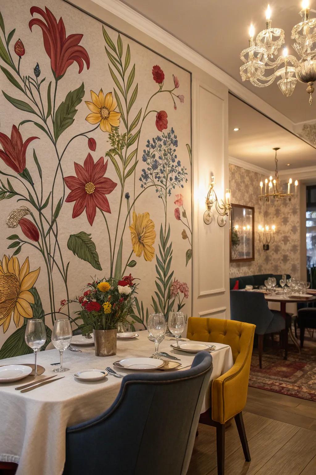 Update your dining space using a romantic botanical painting.
