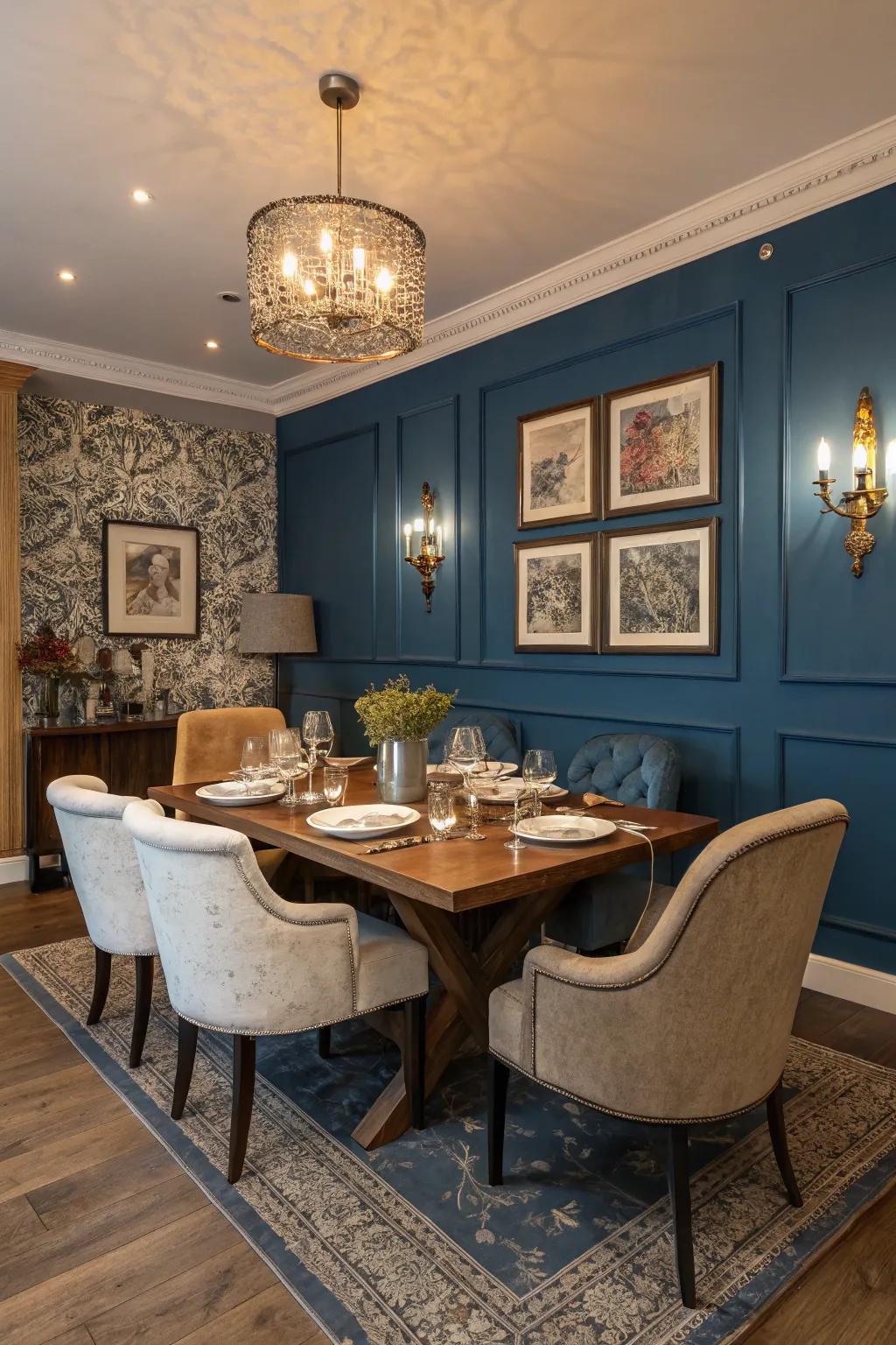 An impressive blue feature wall highlights a dining area.