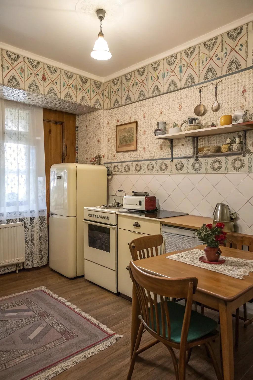 A kitchen radiating allure with a retro wallpaper border.