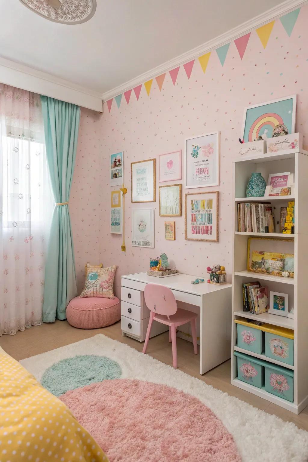 Pastels foster a calming and inviting ambiance in a girl's bedroom.