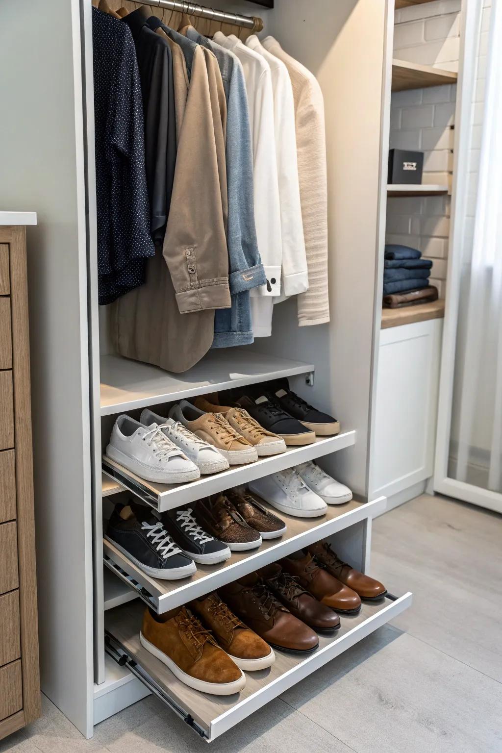 Sliding shoe racks deliver practical and elegant footwear organization.