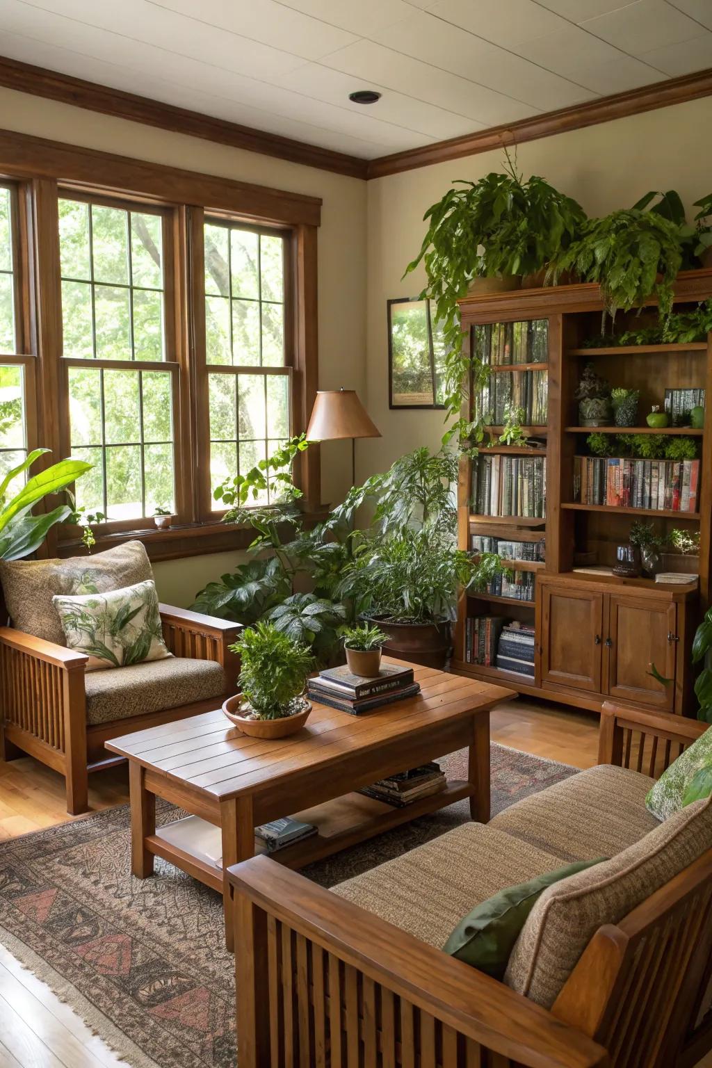 Inherent components, such as timber and greenery, infuse a natural element into your living room.
