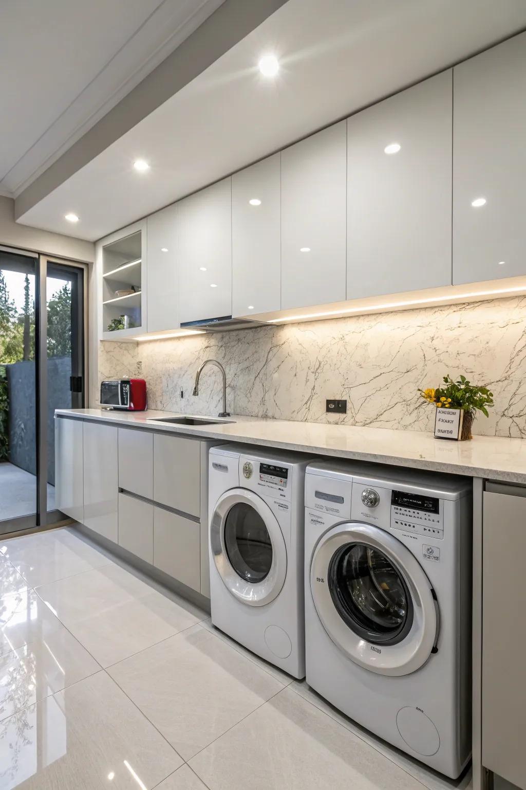 Washer and dryer artfully integrated beneath a kitchen's work surface.