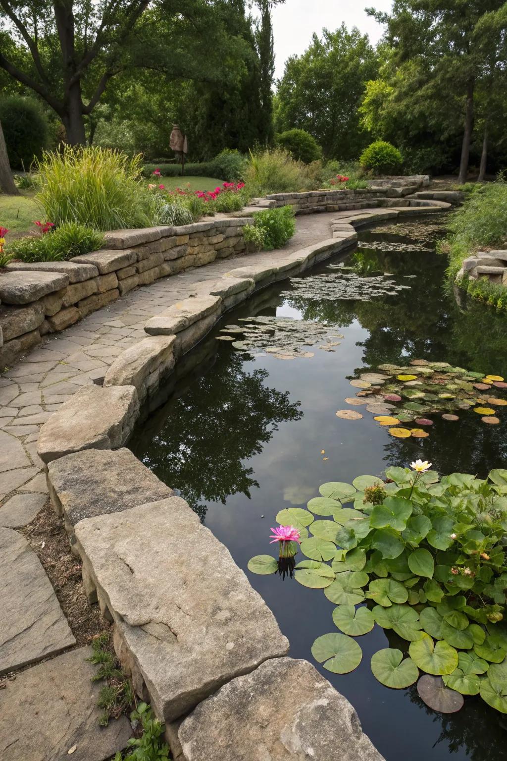Natural stones form a unified, earthy water garden.