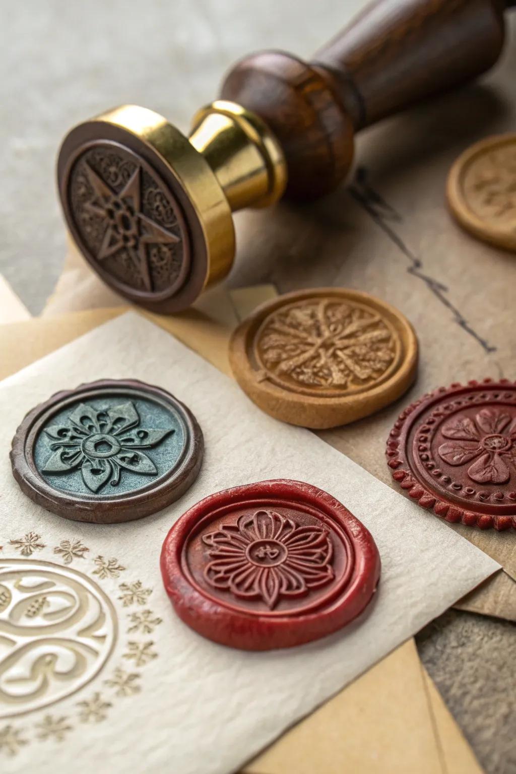 A collection of unique wax seal emblems, each presenting a different artistic style.