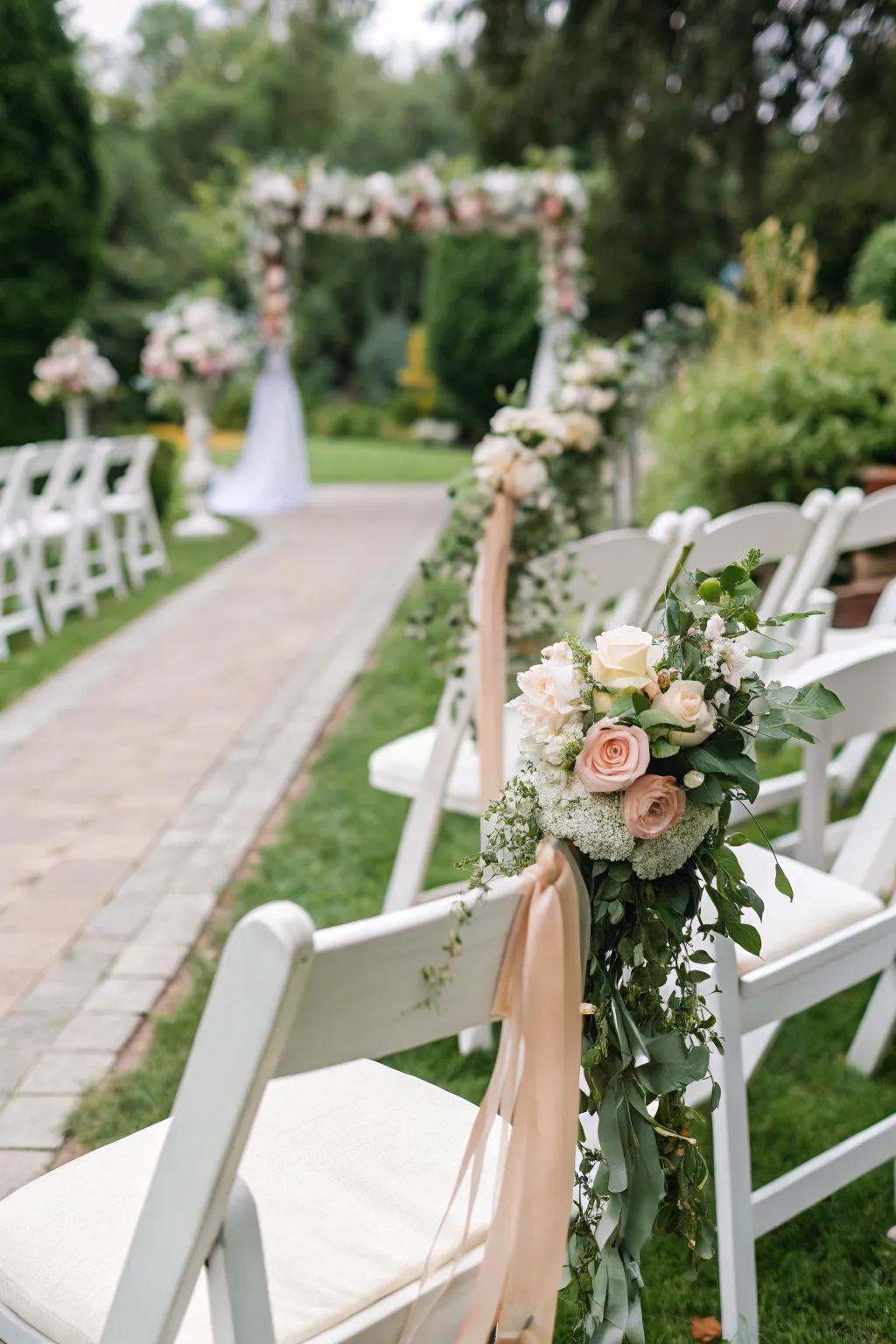 Infuse your venue with romance by utilizing botanical highlights on wedding chairs.