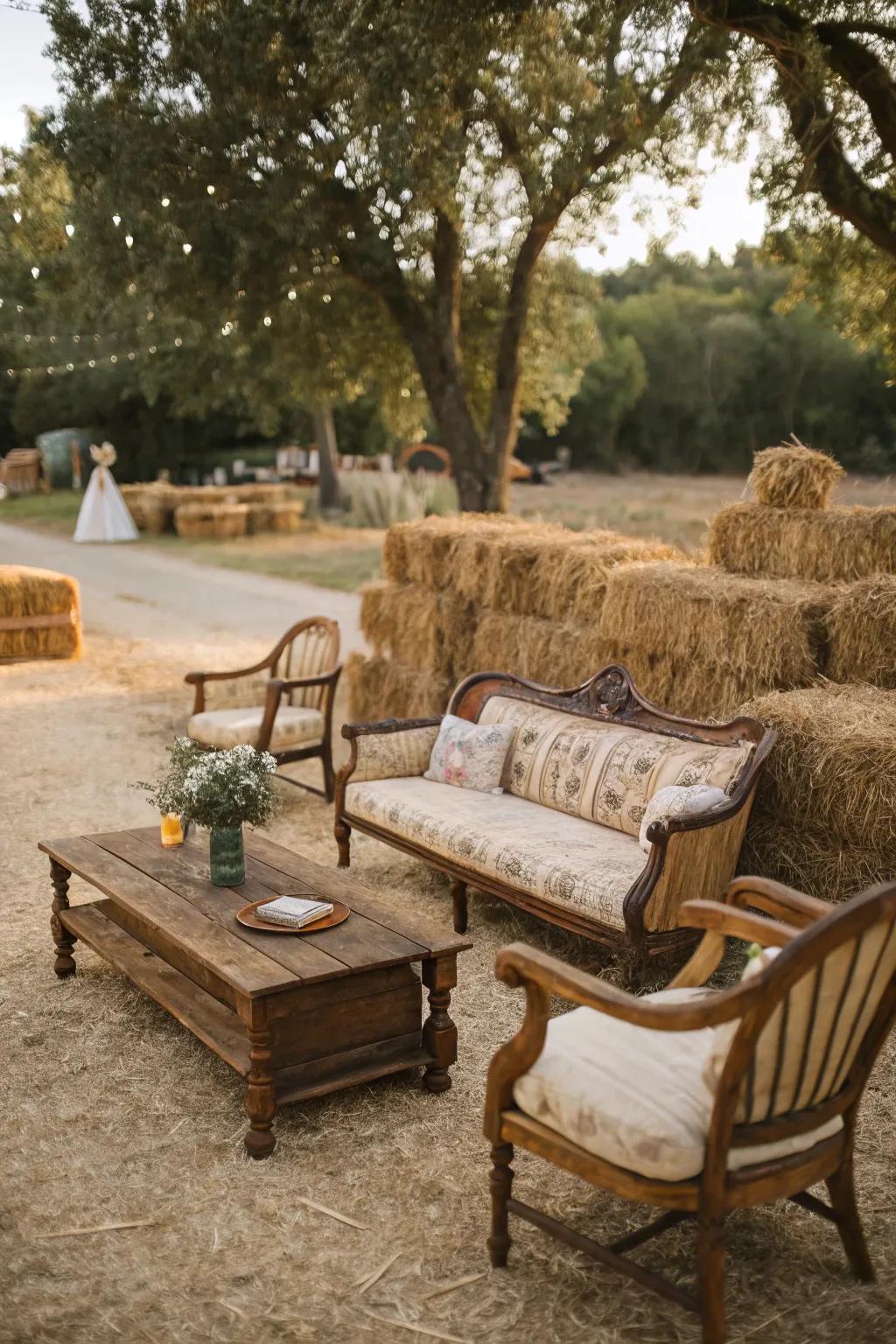 An inviting countryside lounge area for wedding attendees.