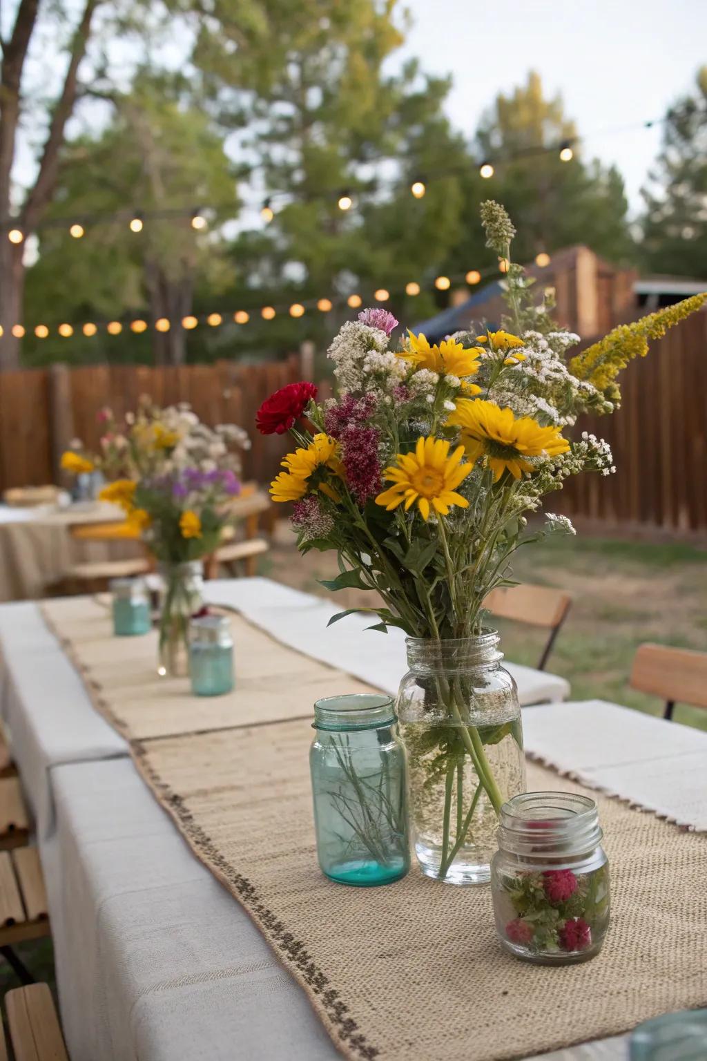 Classic preserve vessels brimming with untamed blossoms for a homespun nuance