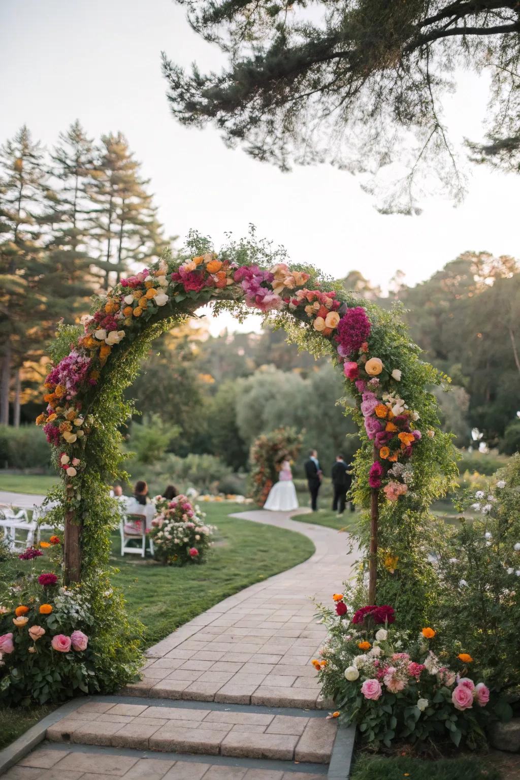 An ethereal floral arch arranged in an outdoor locale, presenting a captivating backdrop for the ceremony.