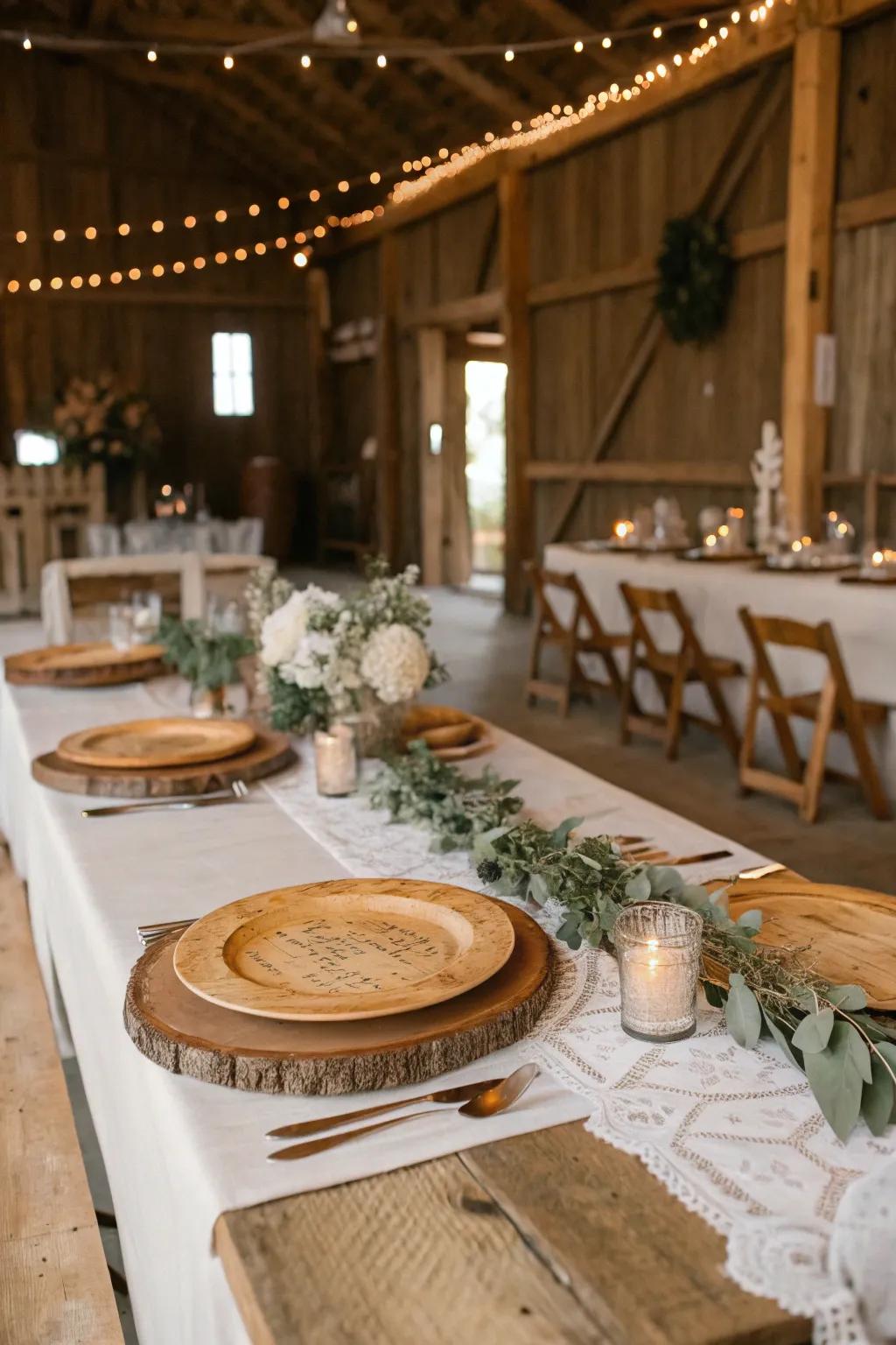 A country-style wedding head table showcasing wood embellishments.