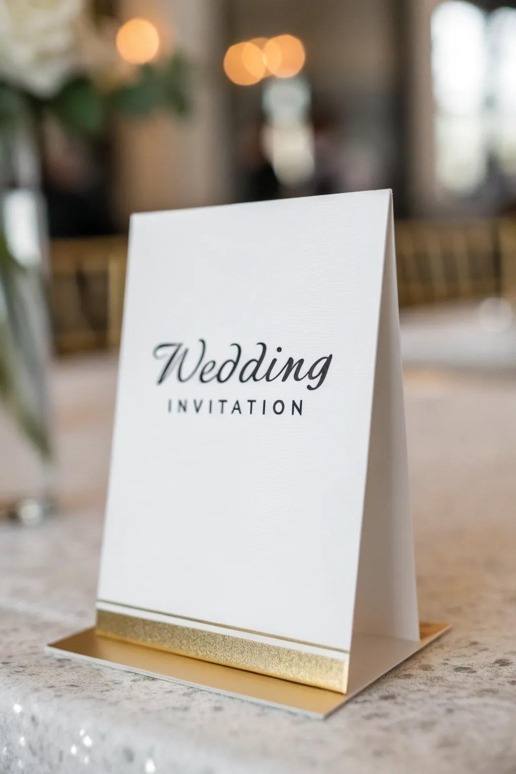 A minimalist invitation showcasing monochrome script and gilded trim.