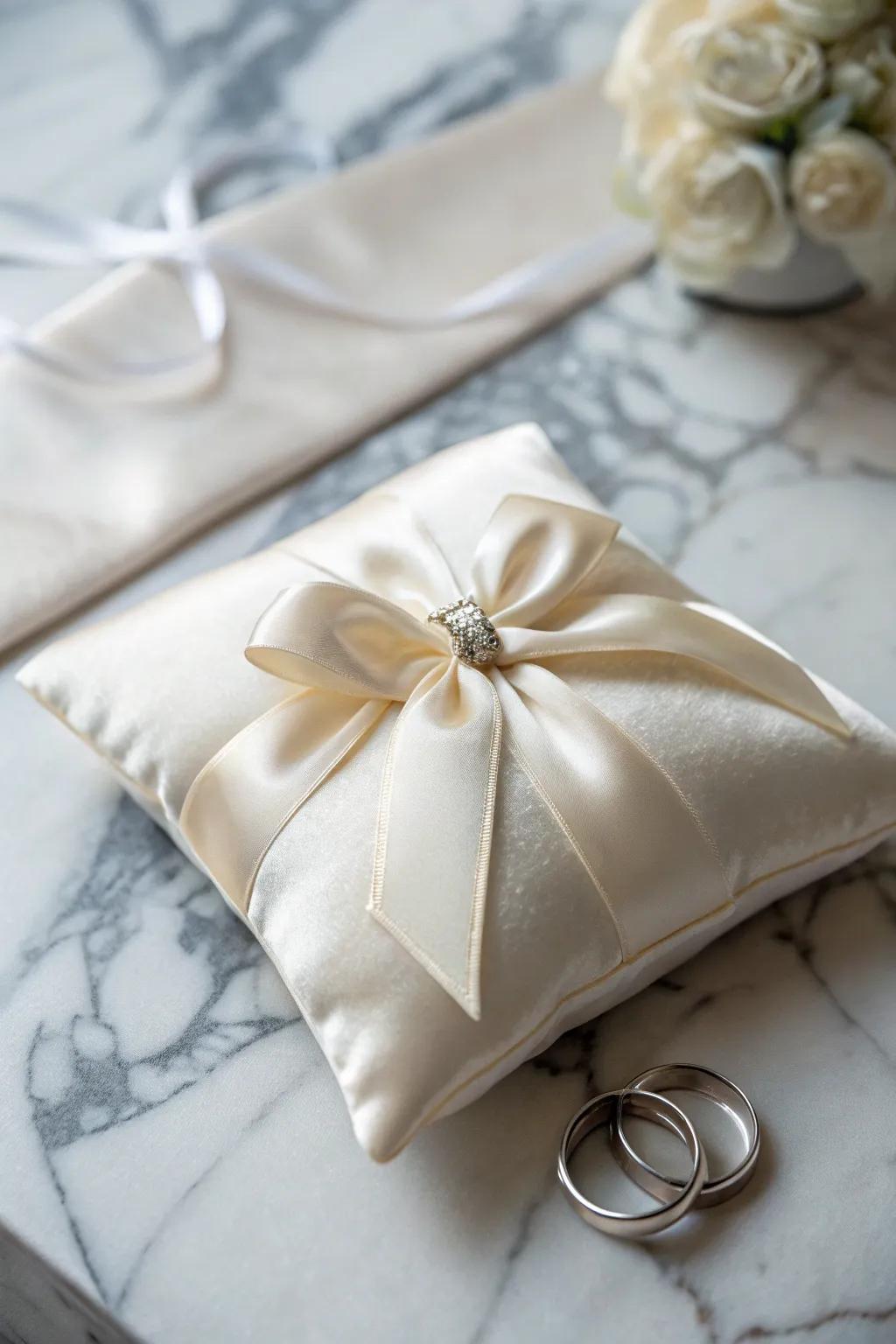 An extravagant satiny ring cushion adorned with a sophisticated bow.