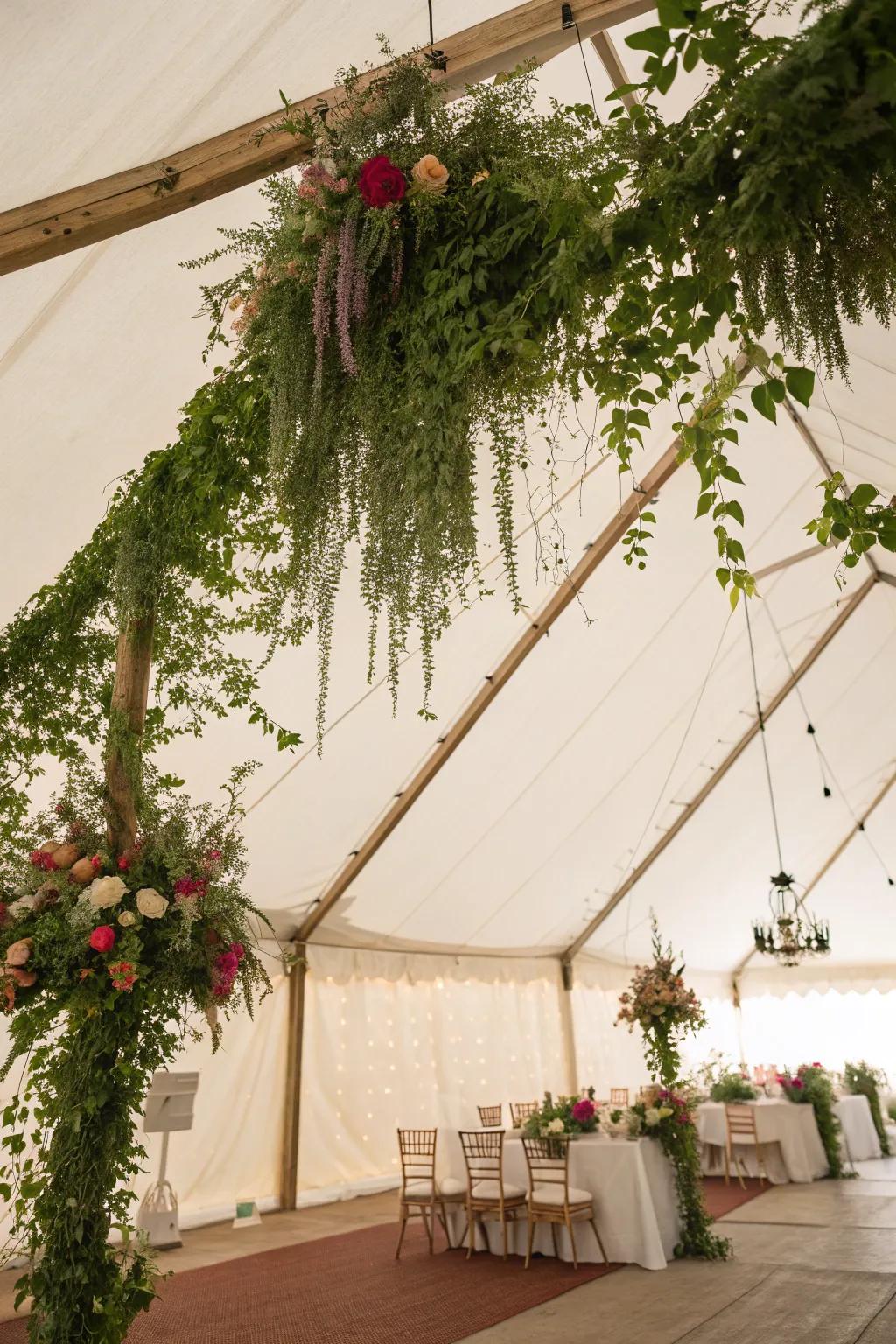 Verdure imparts a natural semblance to the tent's ornamentation.