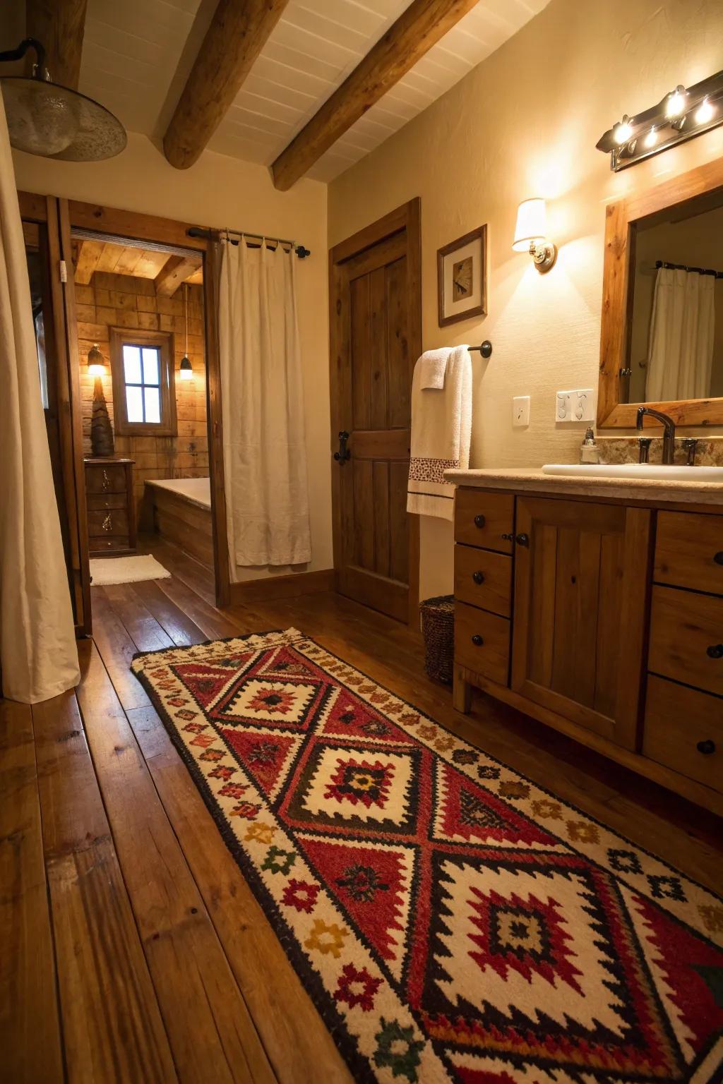 A Southwestern-inspired floor covering infuses cultural style into this bathroom.